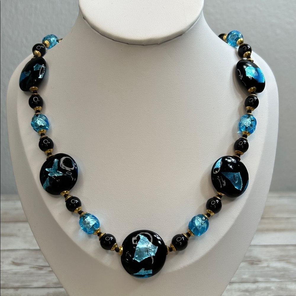 Elegant Black and Blue Murano Style Foiled Glass Necklace